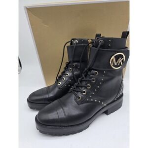 MICHAEL KORS TATUM ICONIC Black Gold Studded COMBAT BIKER BOOTS Womens 7.5 M